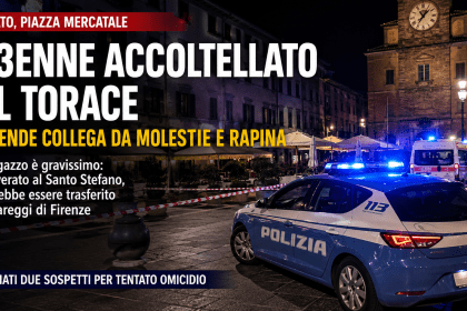 Auto della polizia e ambulanza nella notte a Prato dopo l’accoltellamento di un 23enne in piazza Mercatale