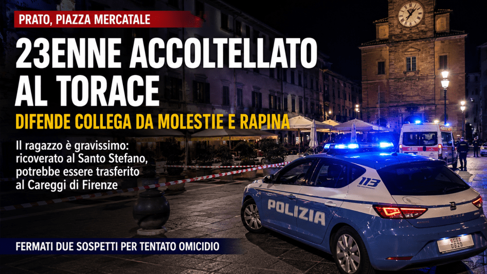 Auto della polizia e ambulanza nella notte a Prato dopo l’accoltellamento di un 23enne in piazza Mercatale