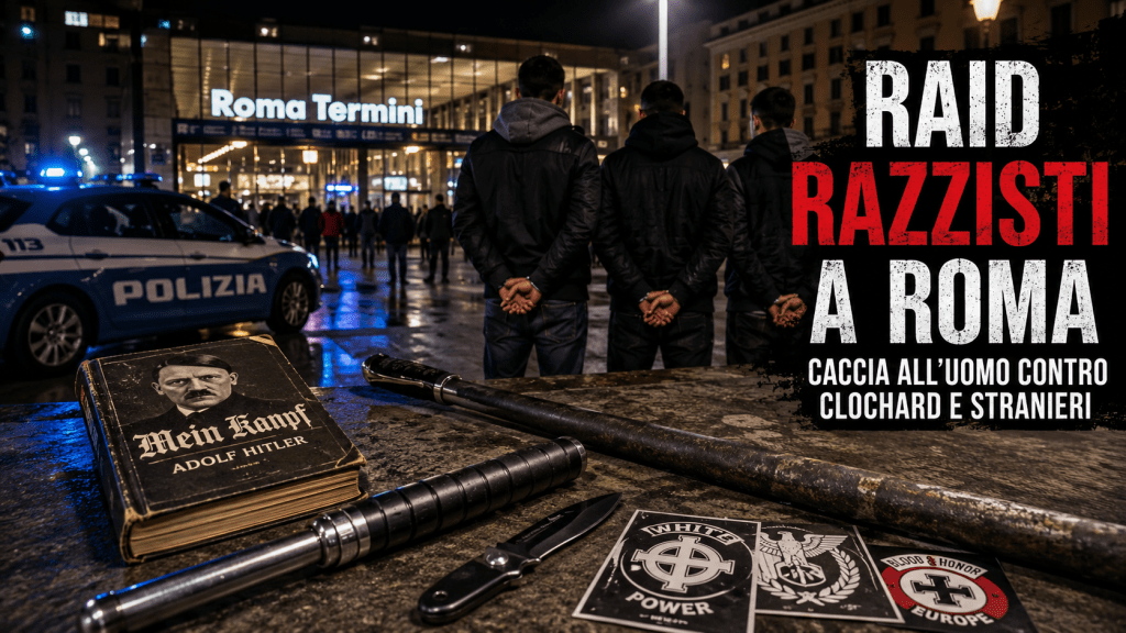 Polizia davanti alla stazione Termini di Roma dopo le aggressioni razziste contro clochard e stranieri compiute da tre giovani denunciati.