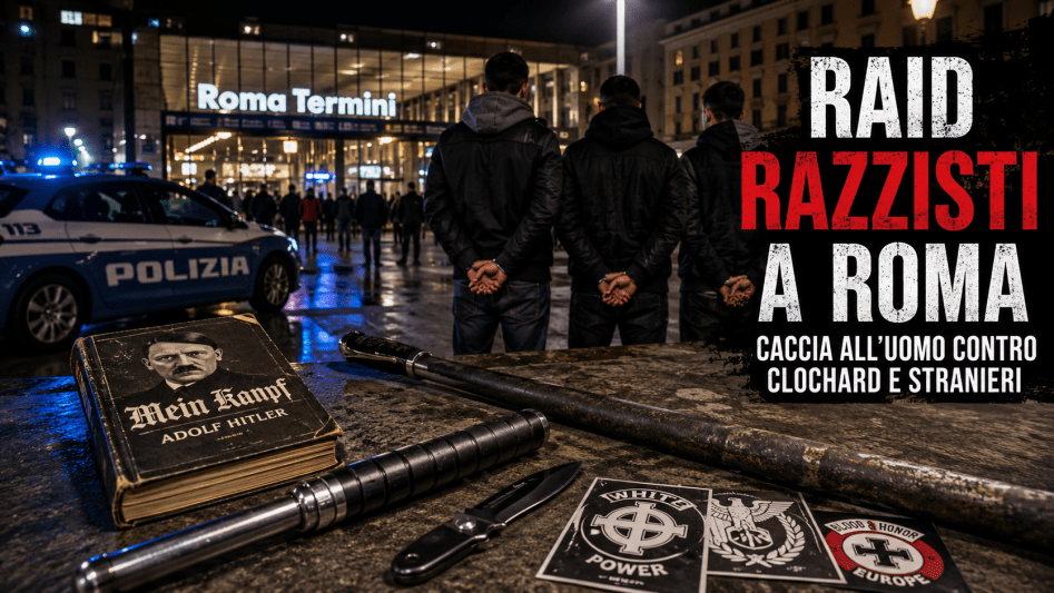 Polizia davanti alla stazione Termini di Roma dopo le aggressioni razziste contro clochard e stranieri compiute da tre giovani denunciati.