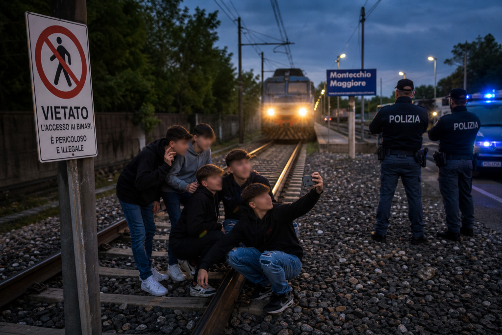 Ragazzini sui binari a Vicenza mentre un treno si avvicina, traffico ferroviario bloccato