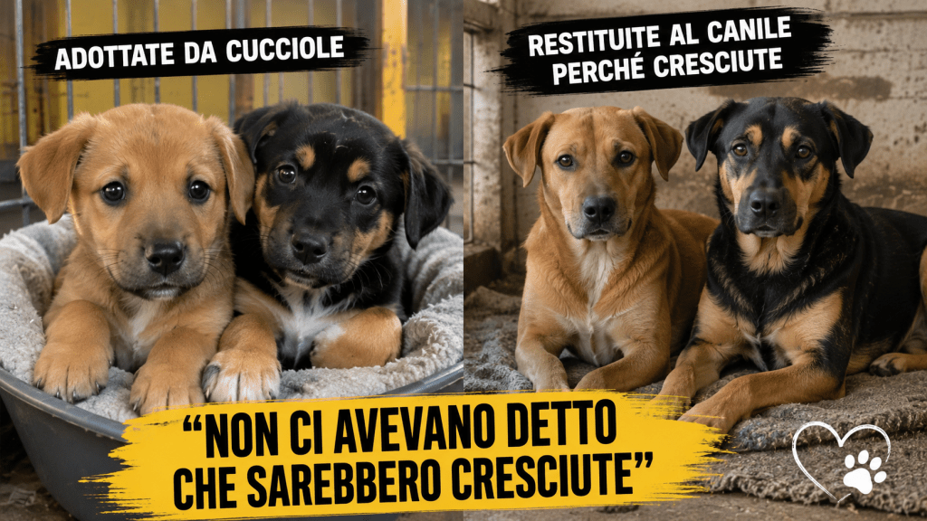 Le cagnoline Sole e Luna sedute insieme in un rifugio dopo essere state restituite al canile