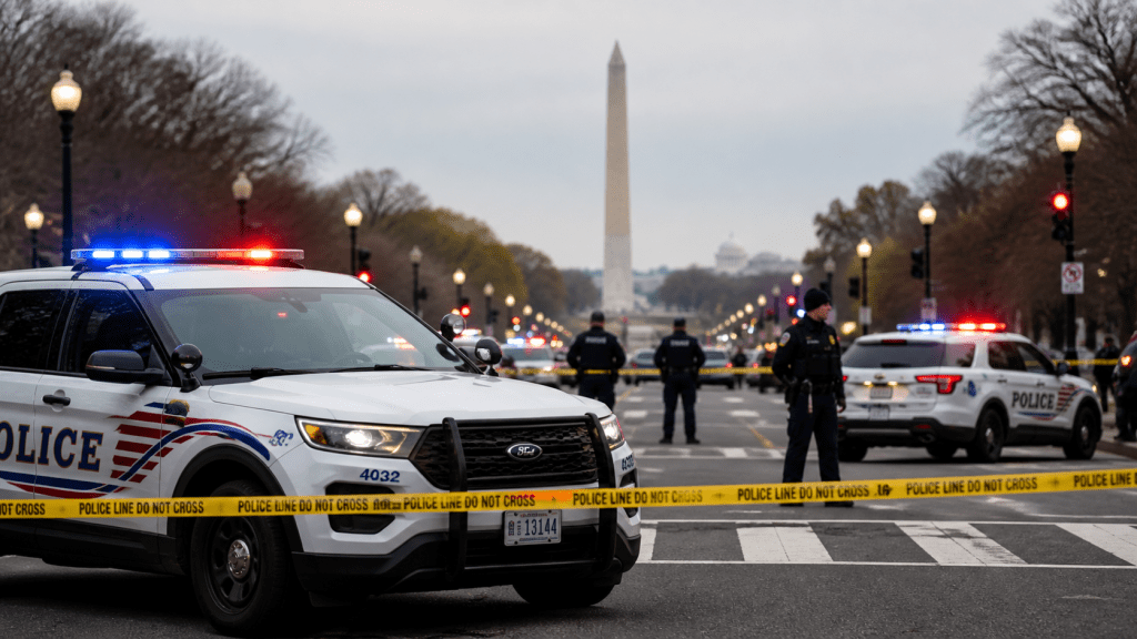 Forze dell’ordine a Washington vicino al Washington Monument dopo spari nei pressi della Casa Bianca