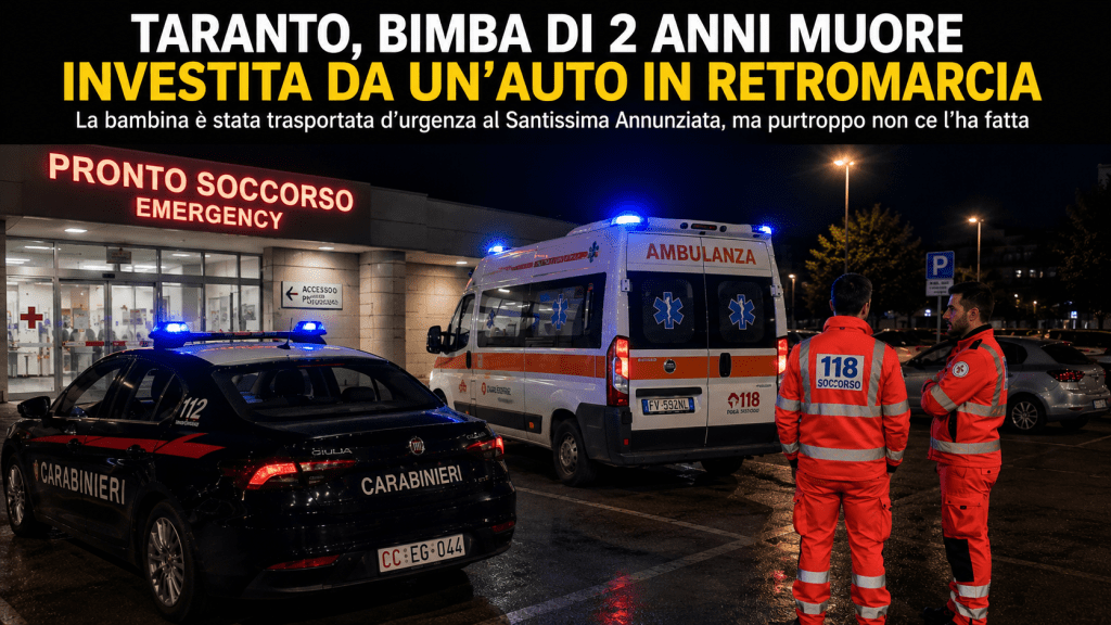 Ambulanza, carabinieri e soccorritori davanti al pronto soccorso dopo la tragedia della bambina investita a Taranto