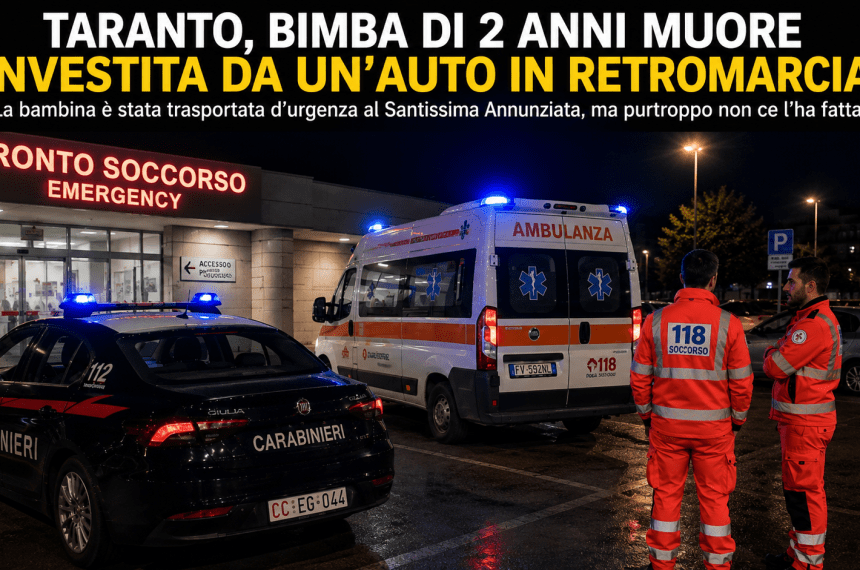 Ambulanza, carabinieri e soccorritori davanti al pronto soccorso dopo la tragedia della bambina investita a Taranto