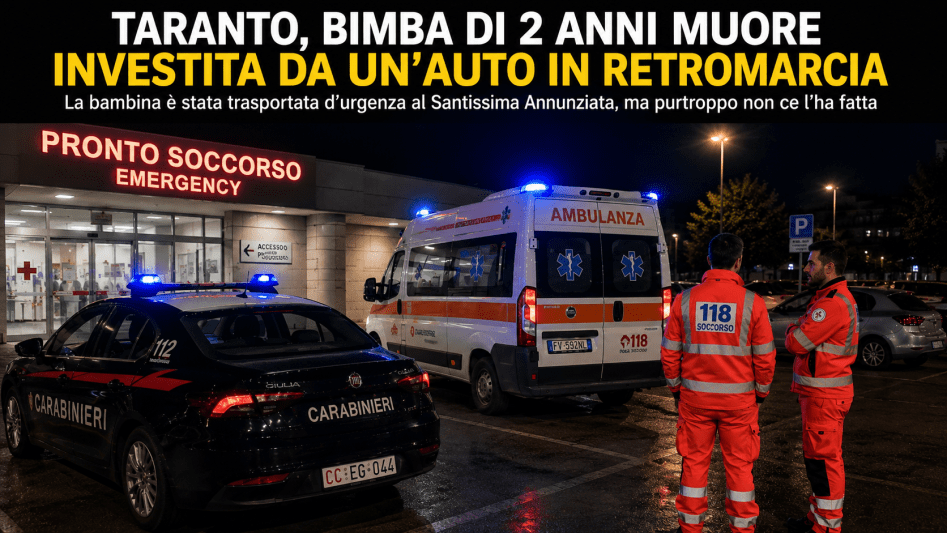 Ambulanza, carabinieri e soccorritori davanti al pronto soccorso dopo la tragedia della bambina investita a Taranto