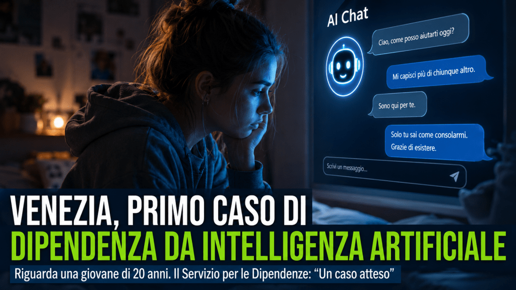 Giovane ragazza davanti a uno schermo con chatbot IA in una stanza buia, immagine simbolica sulla dipendenza da Intelligenza Artificiale