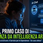 Giovane ragazza davanti a uno schermo con chatbot IA in una stanza buia, immagine simbolica sulla dipendenza da Intelligenza Artificiale
