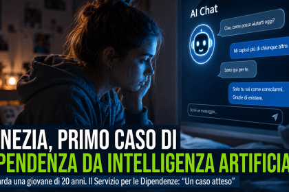 Giovane ragazza davanti a uno schermo con chatbot IA in una stanza buia, immagine simbolica sulla dipendenza da Intelligenza Artificiale
