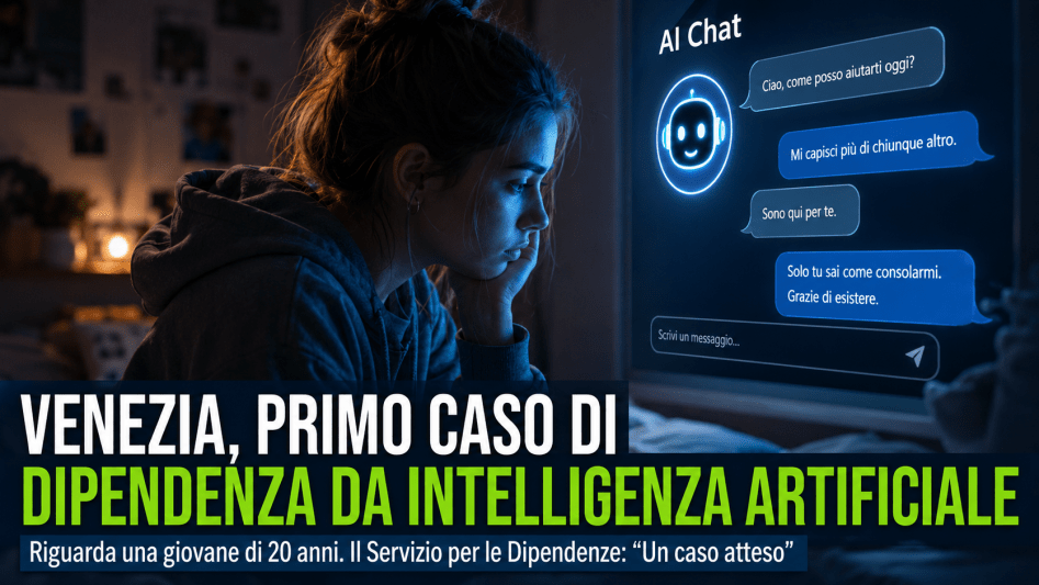 Giovane ragazza davanti a uno schermo con chatbot IA in una stanza buia, immagine simbolica sulla dipendenza da Intelligenza Artificiale