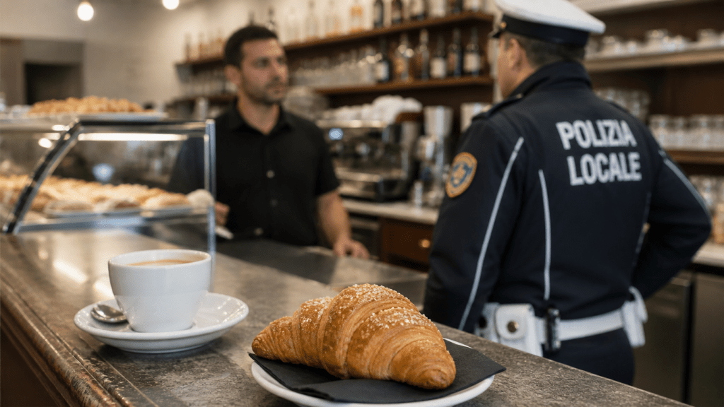 Agente della polizia locale in un bar con caffè e brioche sul bancone durante un controllo