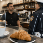 Agente della polizia locale in un bar con caffè e brioche sul bancone durante un controllo
