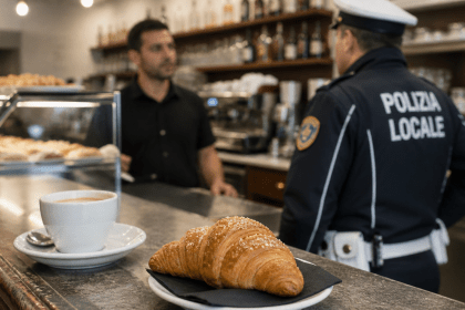 Agente della polizia locale in un bar con caffè e brioche sul bancone durante un controllo