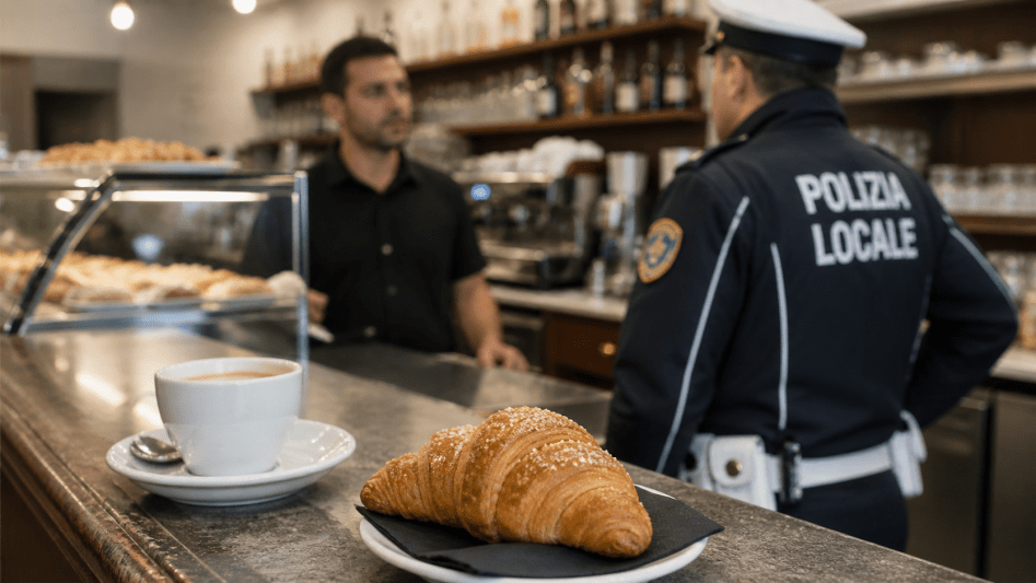 Agente della polizia locale in un bar con caffè e brioche sul bancone durante un controllo